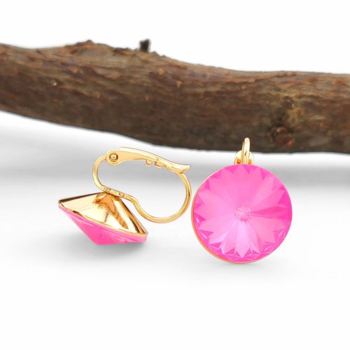 Natasa aranyszínű orvosi fém fülbevaló rózsaszín Swarovki kristállyal