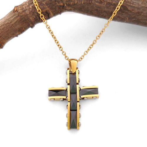 Delinda Gold fekete kerámia kereszt medál aranyszínű nemesacél nyaklánccal