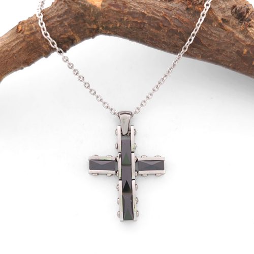 Delinda Black fekete kerámia kereszt medál ezüstszínű nemesacél nyaklánccal