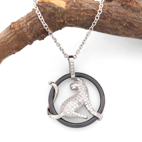 Debby Black fekete kerámia párduc medál nemesacél nyaklánccal